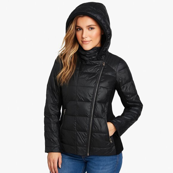 Lucky Brand Black Quilted Hooded Jacket XS Zip Pockets Lightweight Comfortcore - Picture 1 of 15